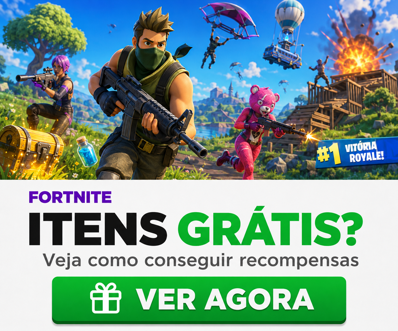 Personagens de Fortnite em uma ilha com o ônibus de batalha ao fundo